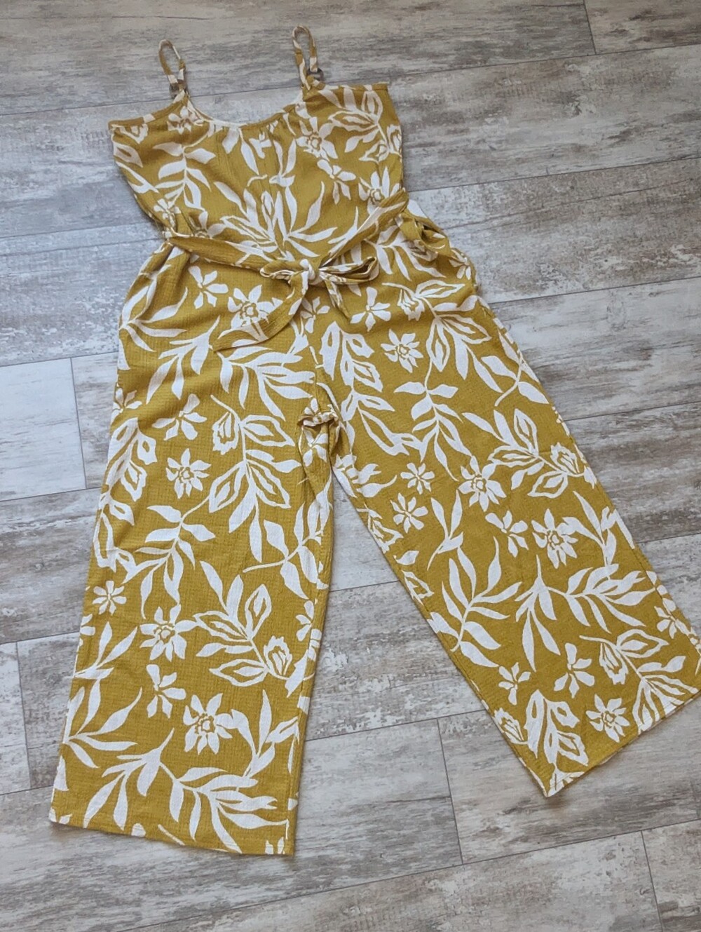 Yellow Floral Wide-Leg Jumpsuit with Self-Tie Waist - Picture 3 of 8